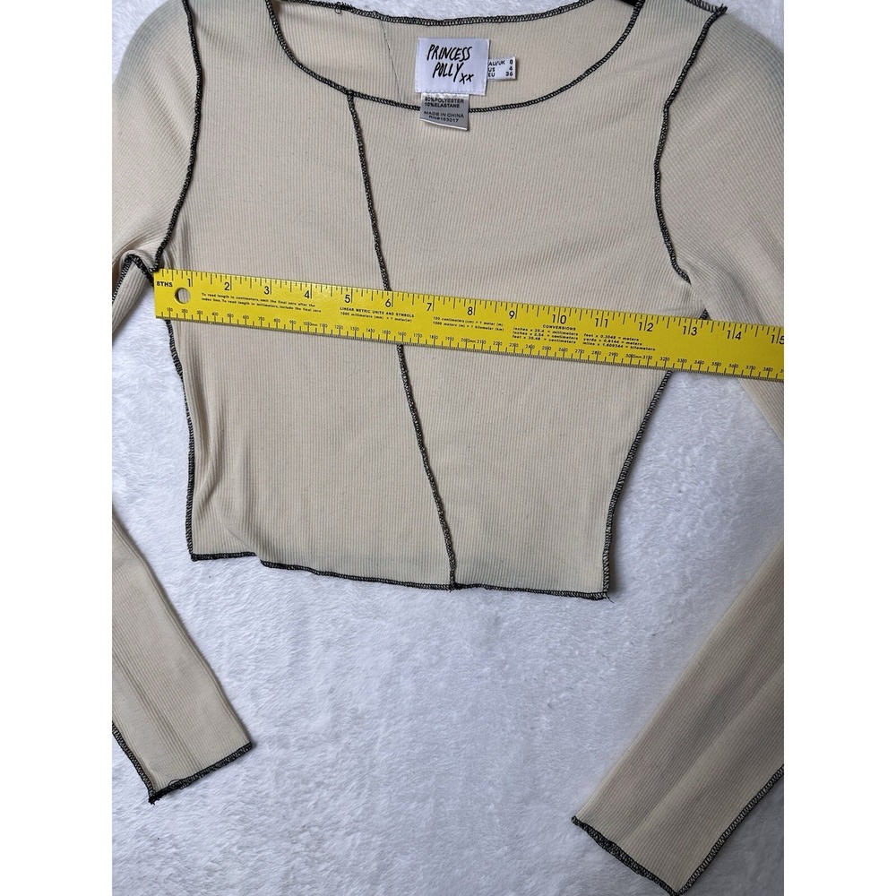 Princess Polly Crop Top Womens 4 Waffle Knit Off White Long Sleeve Black Trim - Picture 5 of 12